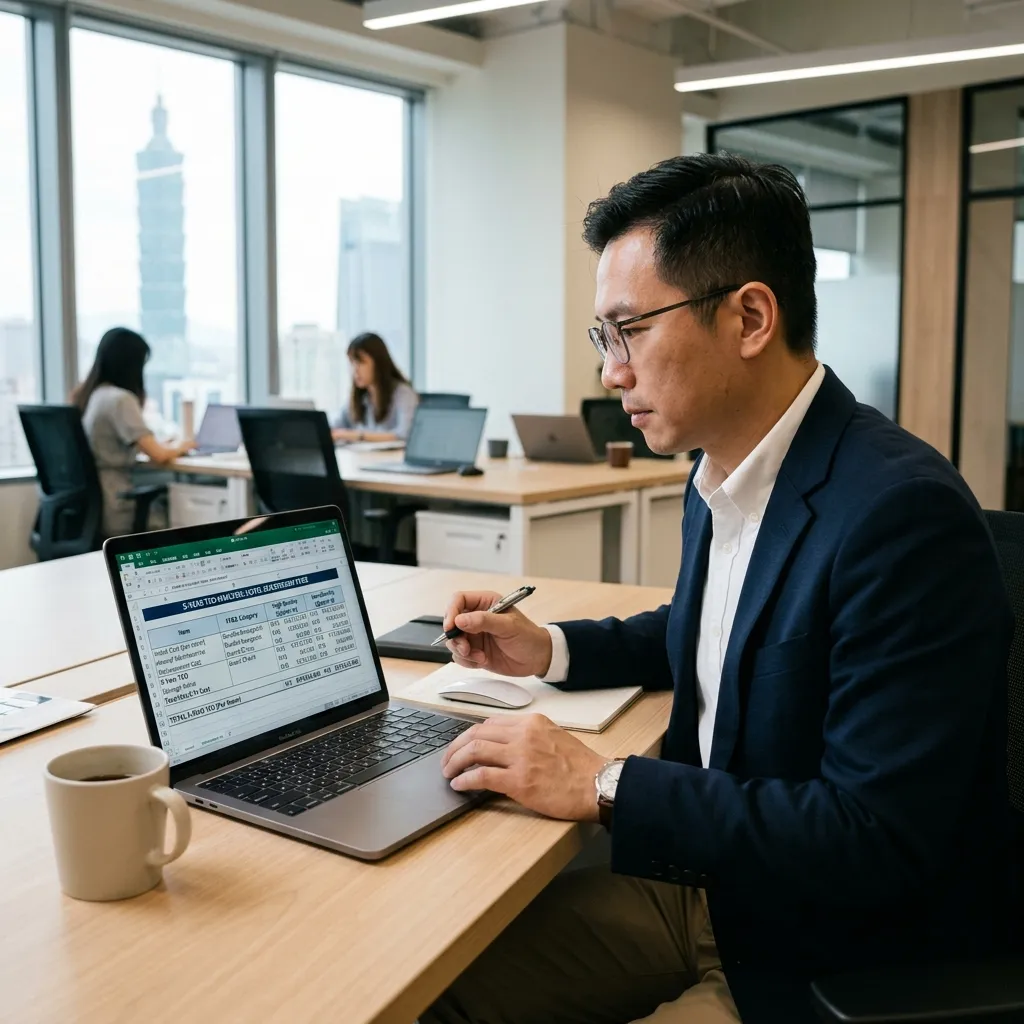 Hotel asset manager reviewing TCO financial spreadsheet