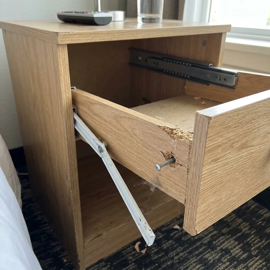 Contrasting broken drawer slide with heavy-duty metal slide
