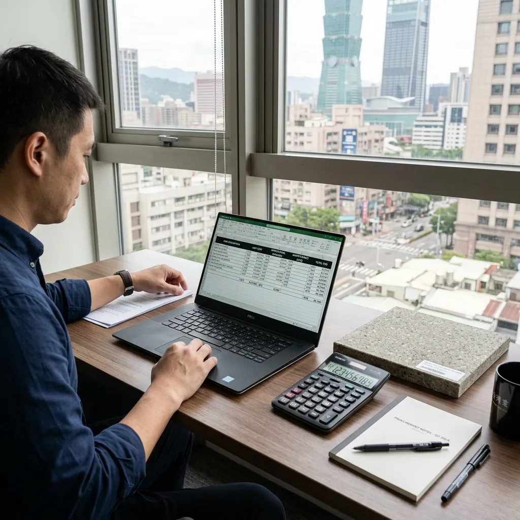 Minimalist corporate procurement desk with TCO financial spreadsheet