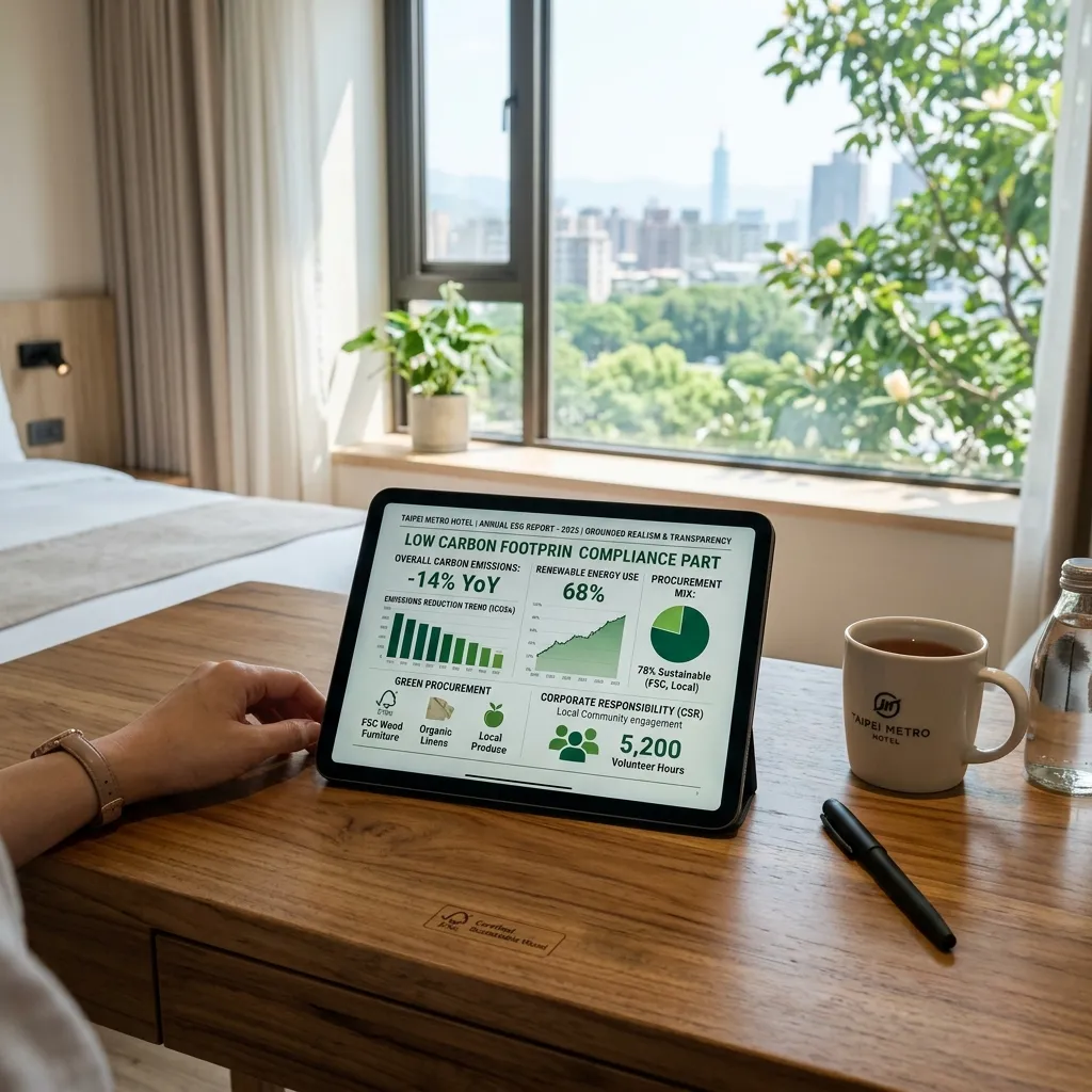 ESG compliance report on tablet on FSC-certified wooden desk