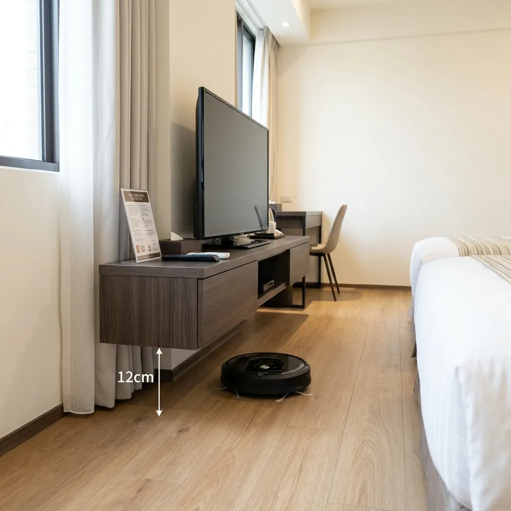 Suspended wooden hotel TV console for cleaning efficiency
