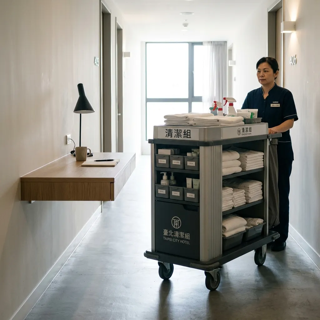 Housekeeping cart passing by suspended hotel desk