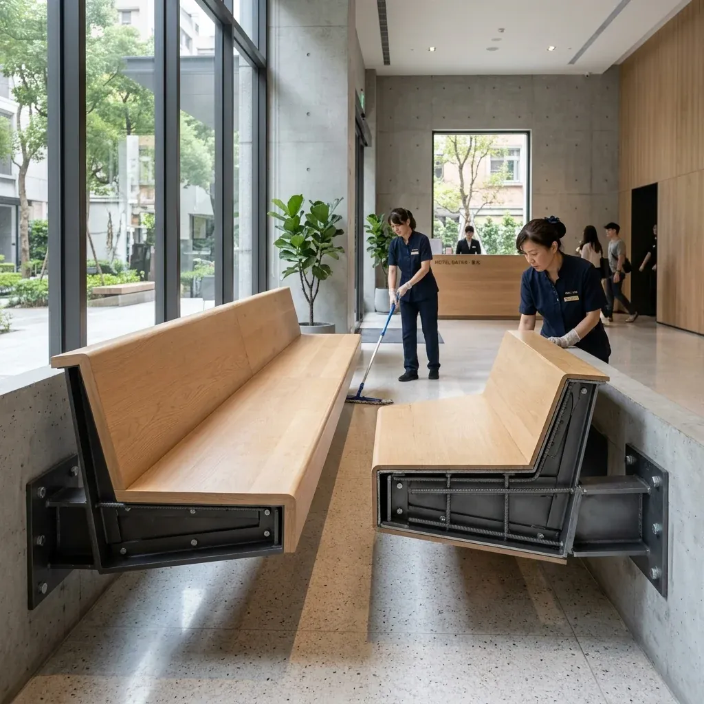 Invisible rust-proof internal steel framework for suspended bench