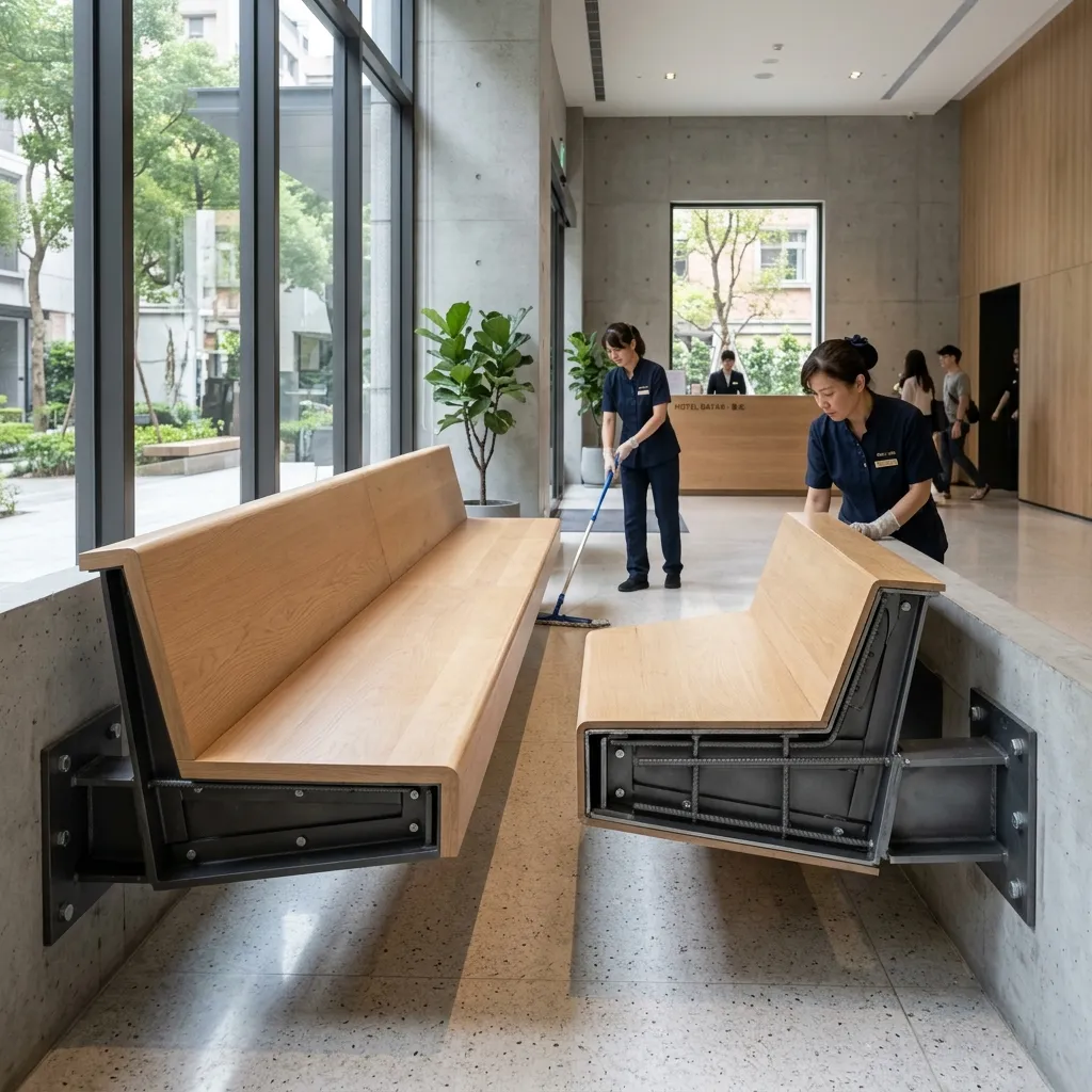 Invisible rust-proof internal steel framework for suspended bench