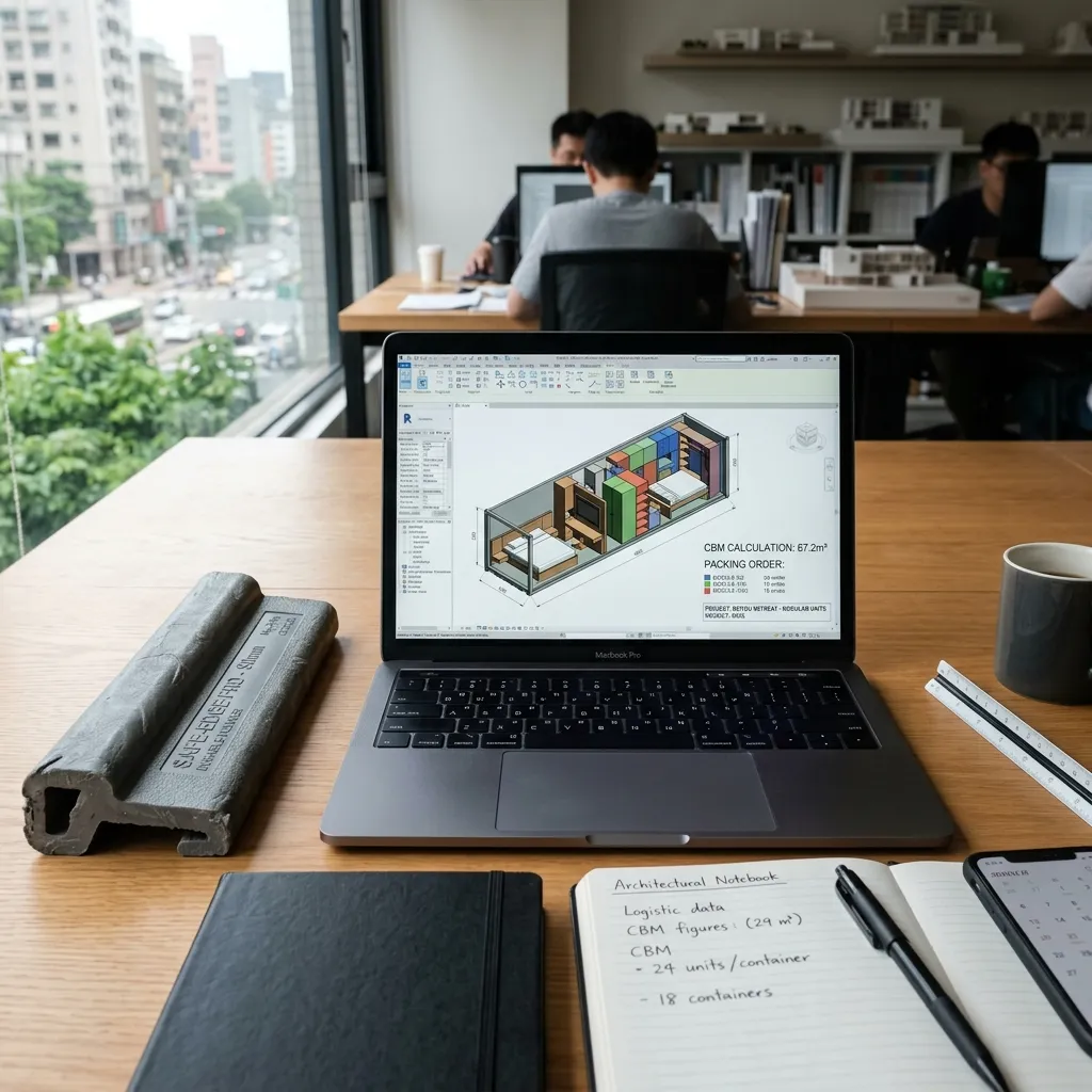 Logistics planning and CBM packing logic for modular hotel furniture