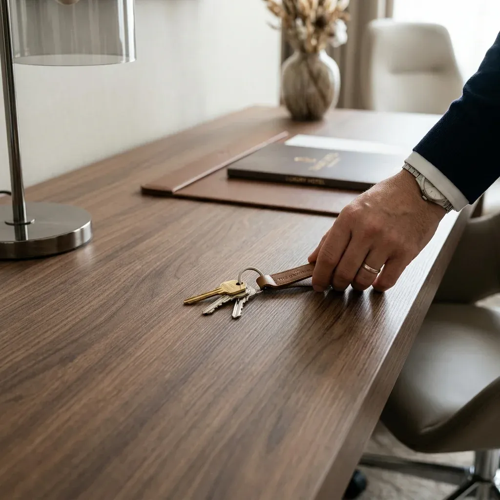 Pristine HPL hotel desk surface resisting scratches