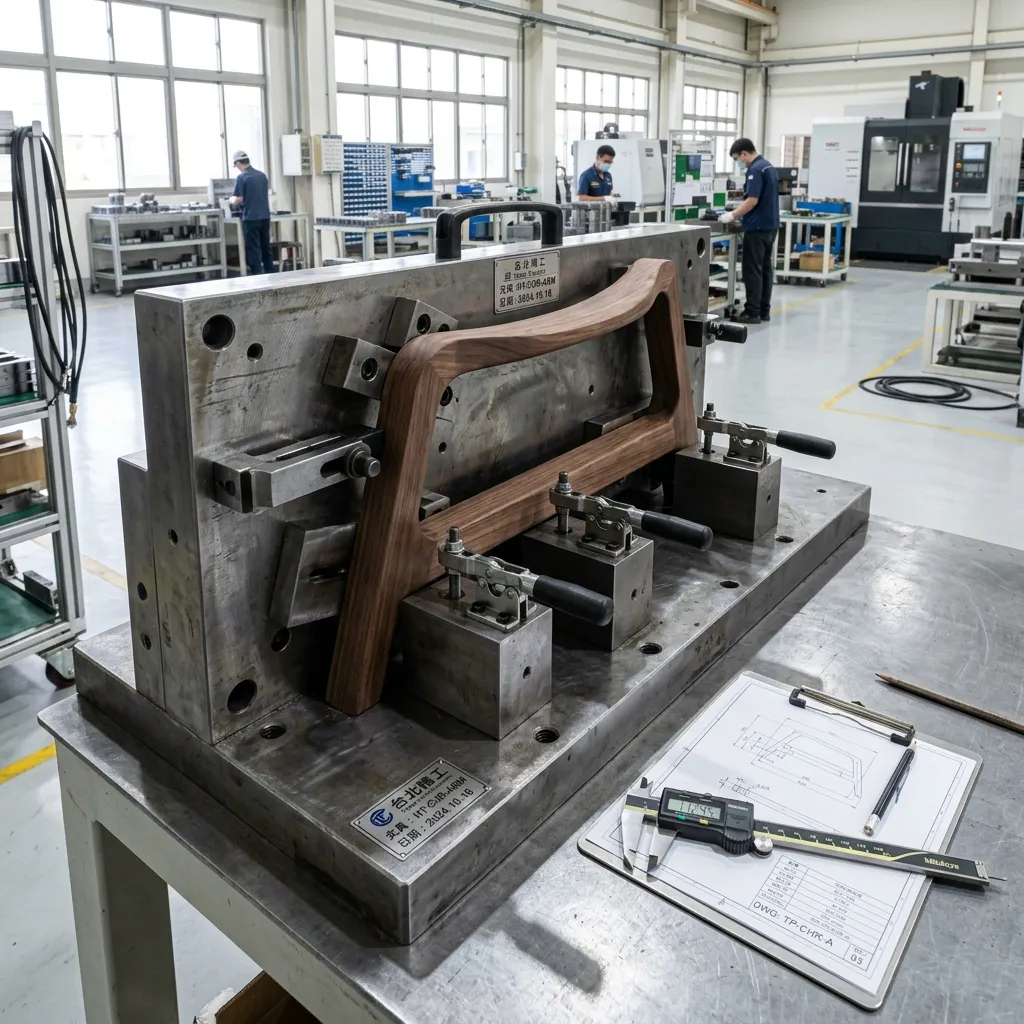 Precise metal manufacturing jig securing hotel furniture component