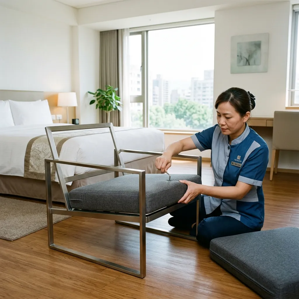 Housekeeping staff swapping out a single seat cushion on a modular lounge chair