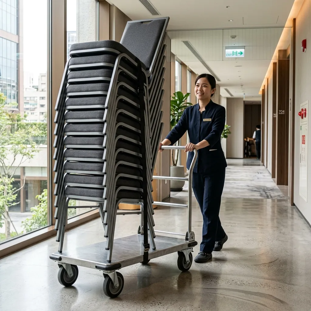 Staff member pushing trolley with 40 perfectly stacked banquet chairs