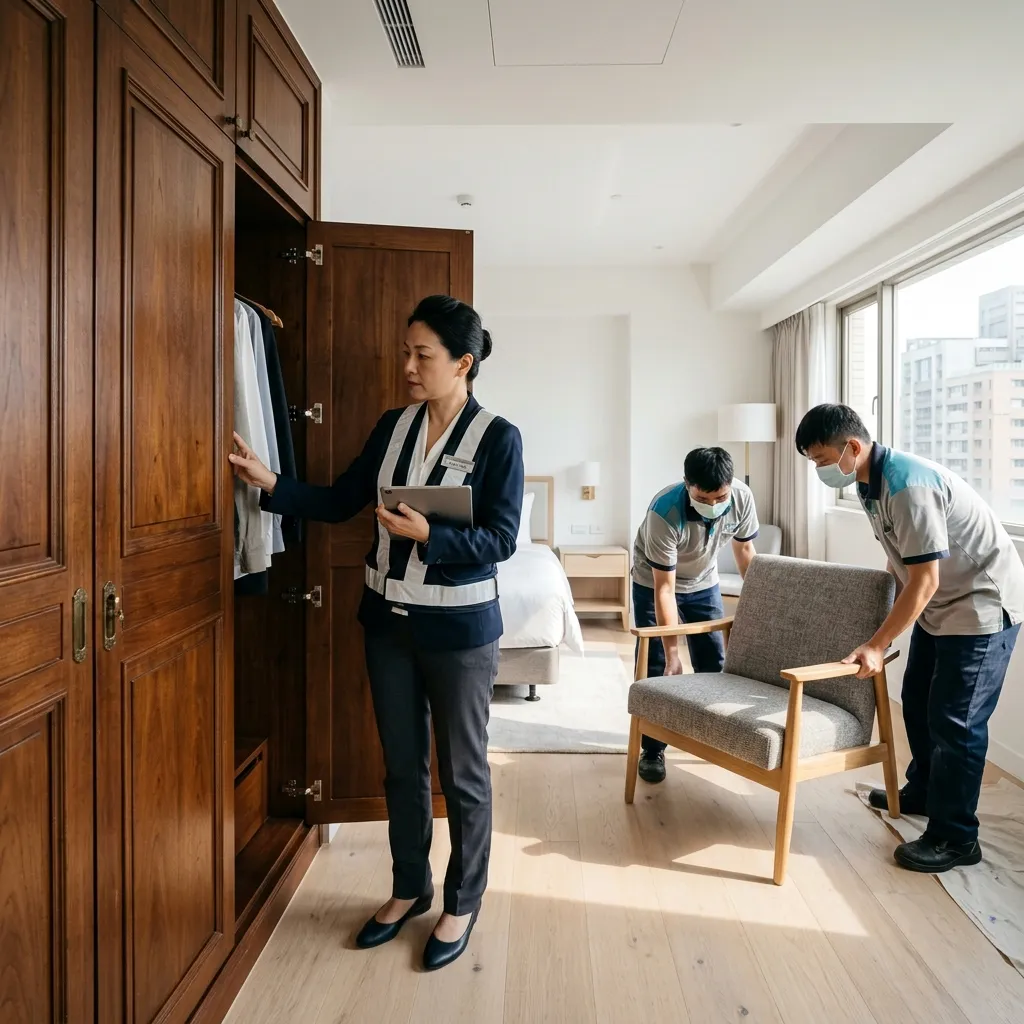 Asset manager evaluating built-in wardrobe and new lounge chair