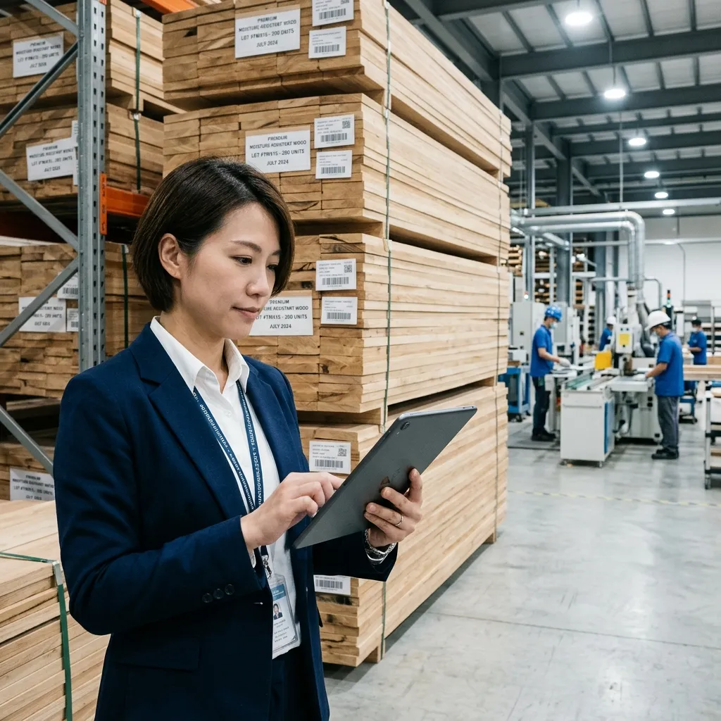 Asset manager viewing digital supply chain on tablet with buffer stock in background
