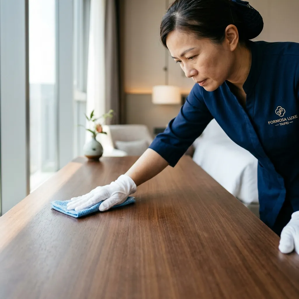 Matte-finish wooden hotel desk repelling chemical cleaning wipe