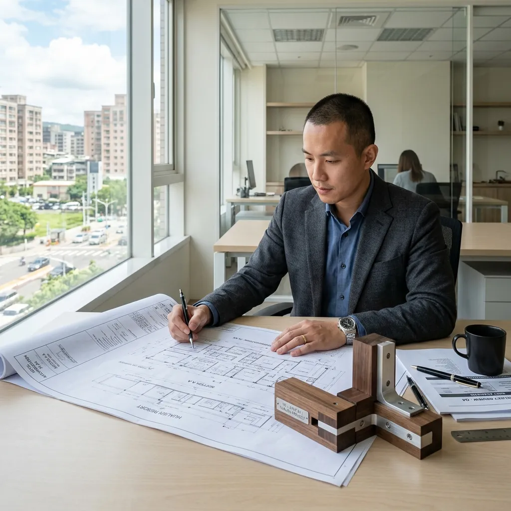 Asset manager reviewing blueprints and CNC joint sample